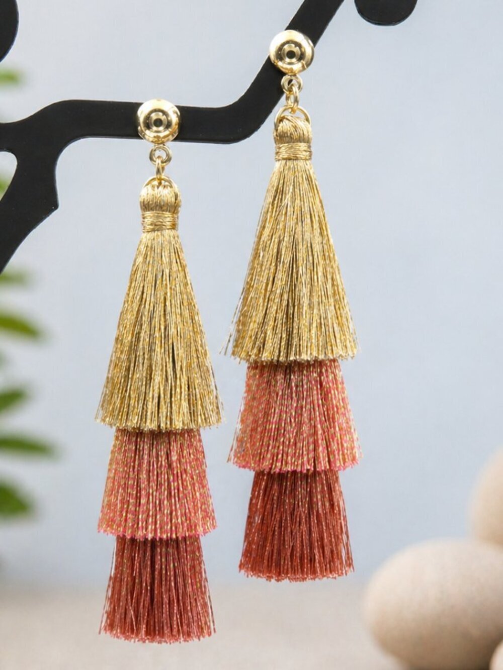 Layered Gold & Blush Tassel Earrings